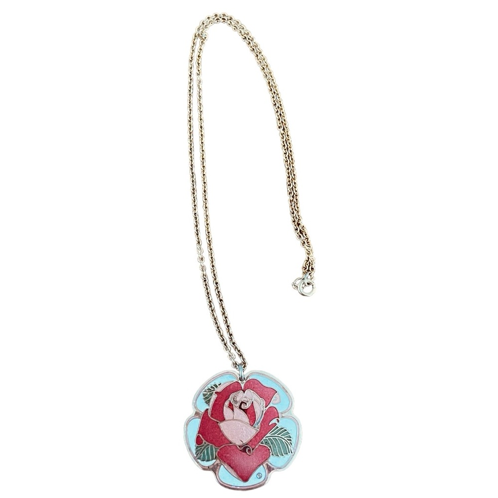 CloisArts Flower Rose  Red Gold Tone Enamel Pendant Necklace